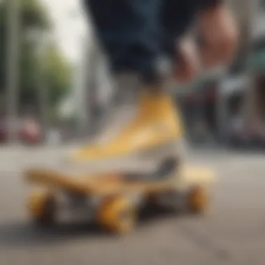 A skateboarder performing tricks while wearing yellow checker vans.