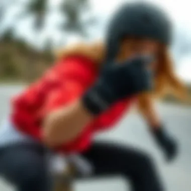 Female Skateboarder in Action with Dakine Gloves Female skateboarder wearing Dakine gloves in action