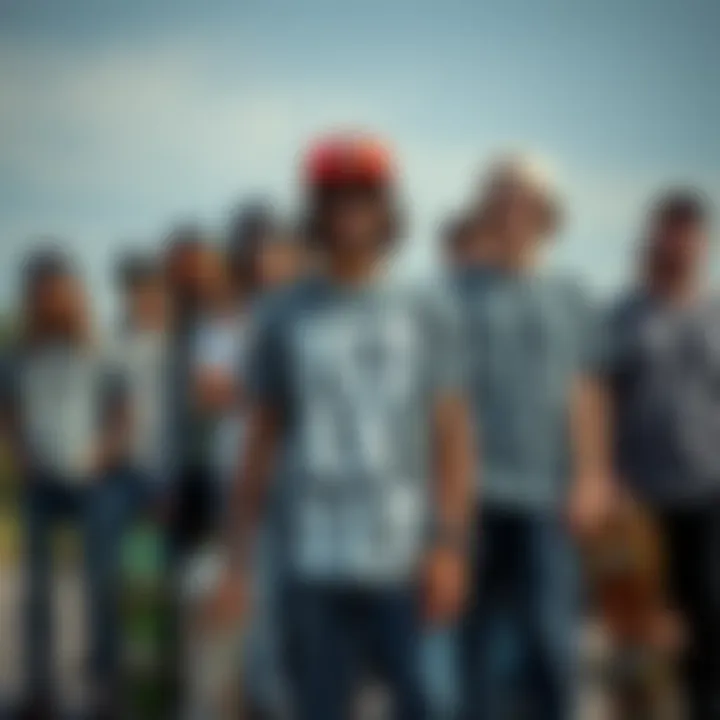 Group of skateboarders showcasing individual styles with grey shirts