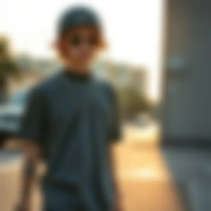 Creative layering of grey shirt with skateboarding attire