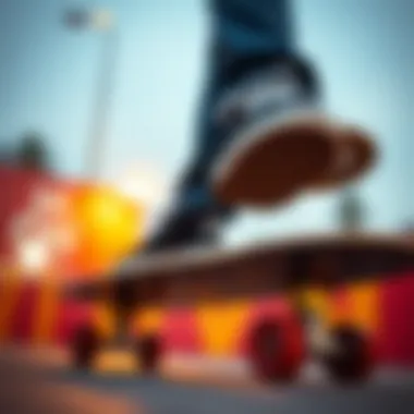 Rider Position and Comfort A close-up of a rider standing on a skateboard, illustrating stance