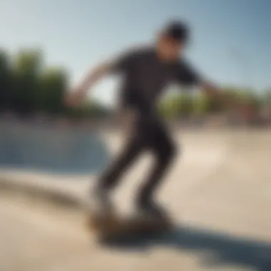 A skateboarder showcasing a Dickies click belt in an urban skate park