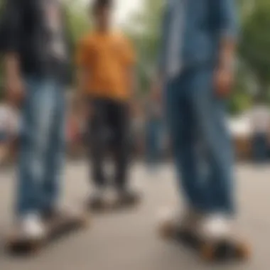 Group of skateboarders wearing Dickies click belts, showcasing diversity in style