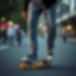A stylish pair of grey super skinny jeans on a skateboard