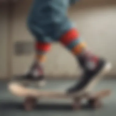 An artistic representation of evolving fashion trends in skateboarding, highlighting Champion socks.