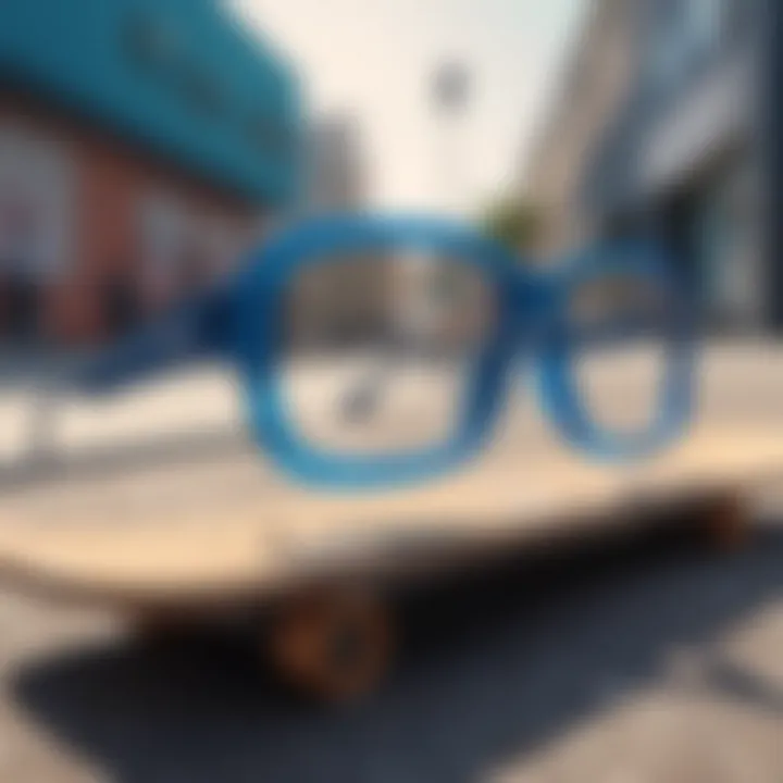 A vibrant close-up of blue rectangle glasses resting on a skateboard, highlighting their design.