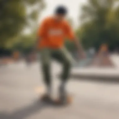 Candid shot of skaters wearing the orange Nike shirt at a skate park