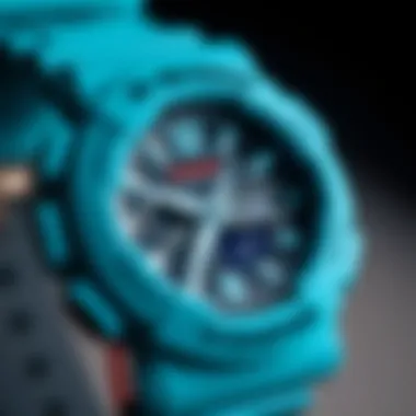 Detailed View of Light Blue G-Shock Features Close-up of light blue G-Shock watch features and design elements