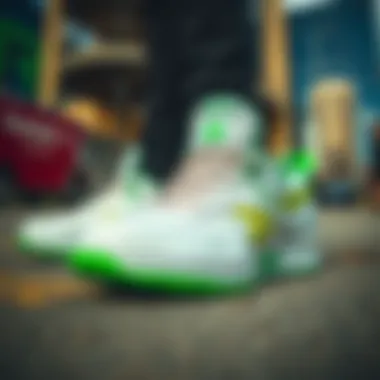 Close-up of Reeboks featuring vibrant green accents against an urban backdrop