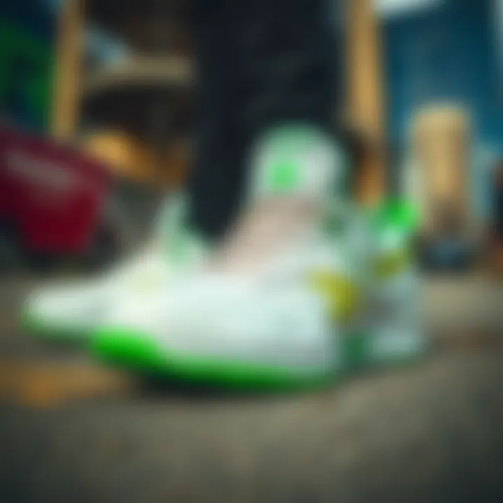 Close-up of Reeboks featuring vibrant green accents against an urban backdrop