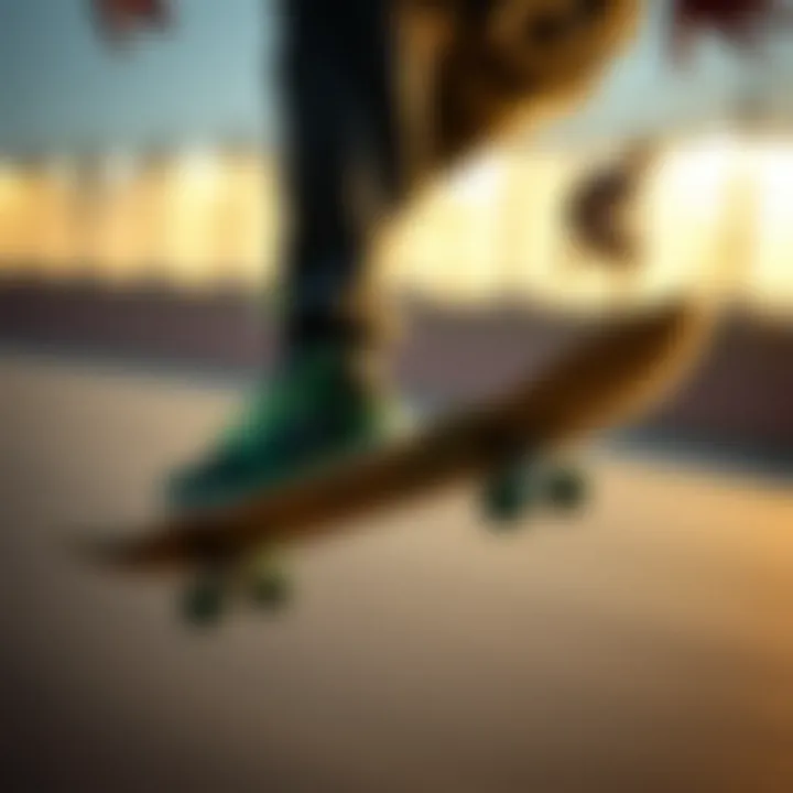 Dynamic skateboarder showcasing Reeboks with green accents in action