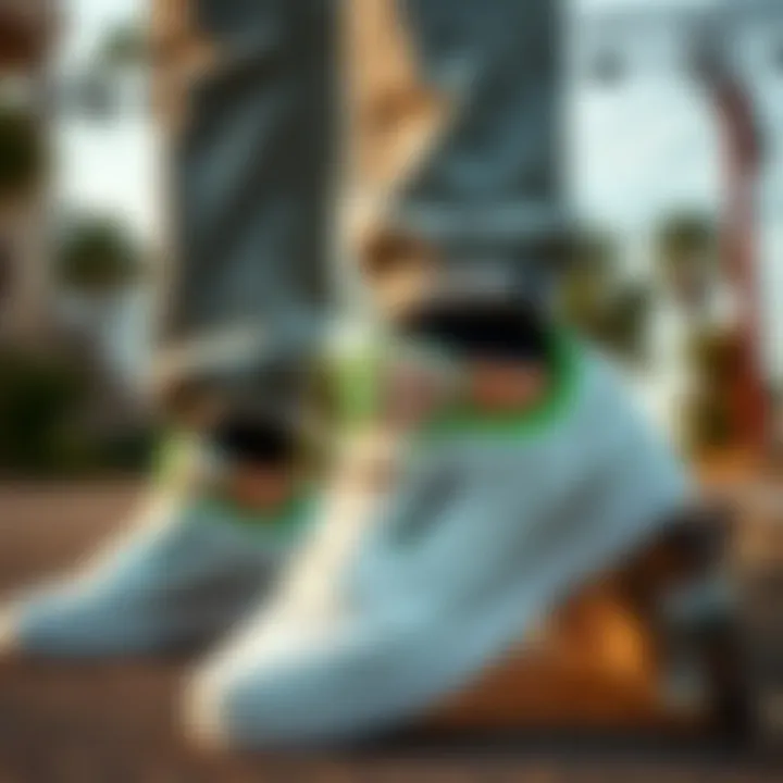 Fashion-forward individual styling Reeboks with green details in a streetwear outfit