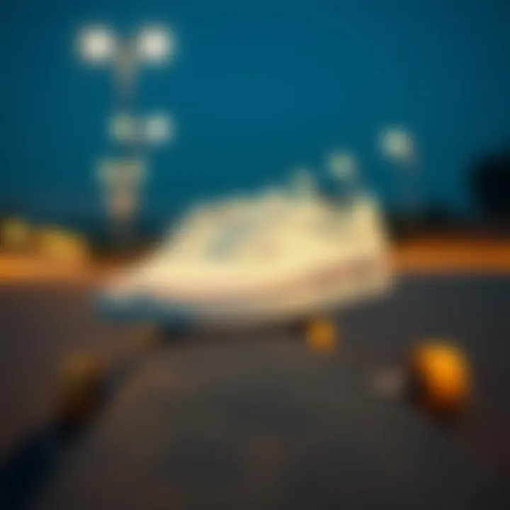 A stylish pair of all-white Vans placed on a skateboard