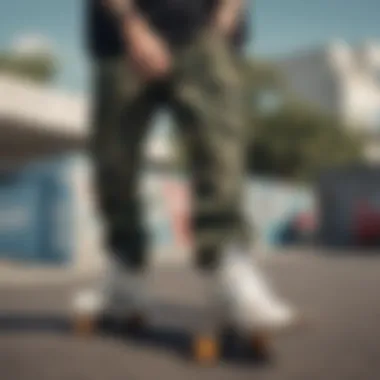 Skateboarder wearing camo pants with trendy sneakers