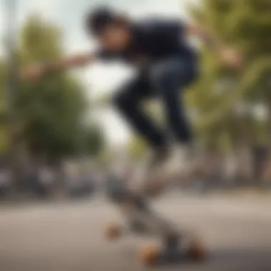 A skateboarder demonstrating tricks on a cruiser skateboard.