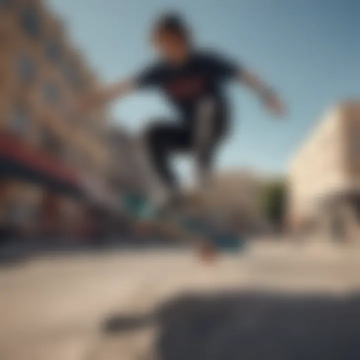 A skateboarder performing tricks in an urban environment, showcasing skill and style.