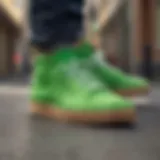 Bright green Adidas skate shoes showcasing innovative design.