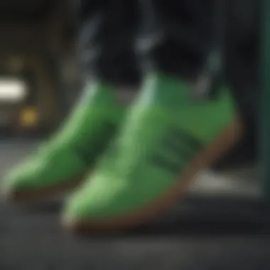 Close-up of bright green Adidas shoes highlighting material quality.