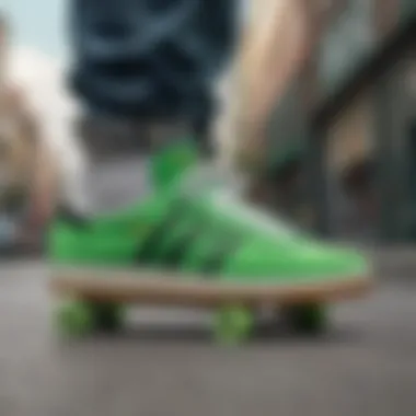 Skateboarder wearing bright green Adidas shoes during a trick.