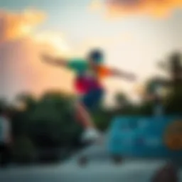 A skater showcasing vibrant amp clothing while performing tricks on a skateboard