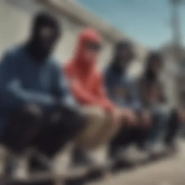 A group of skateboarders showcasing various balaclava styles in an urban setting