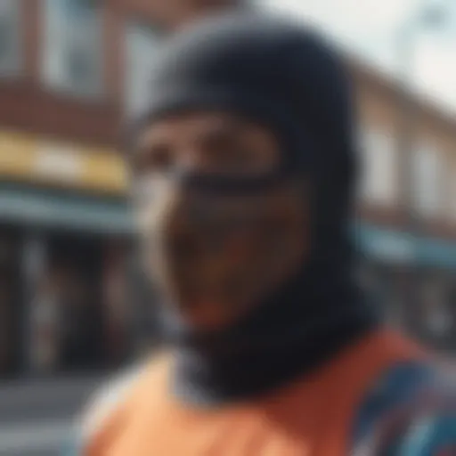 A close-up of a vibrant balaclava worn by a skateboarder