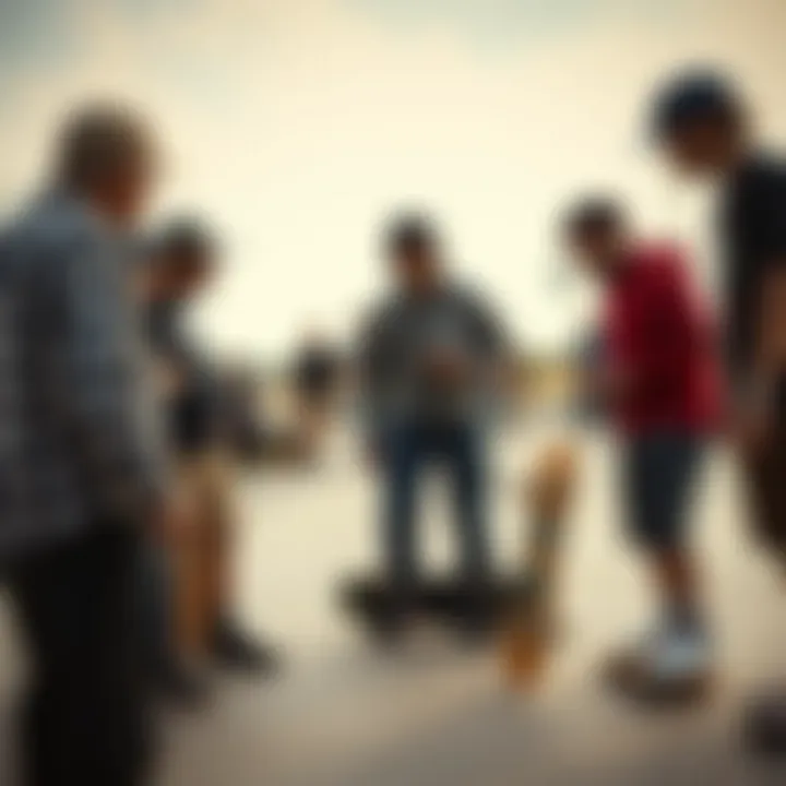 Group of skateboarders discussing gear including balance socks