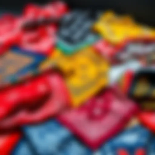 A vibrant display of various bandannas laid out in an artistic manner, showcasing different colors and patterns.