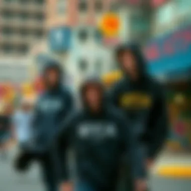 Diverse RVCA Hoodie Styles in Urban Culture Group of skaters showcasing different styles of RVCA hoodies in a vibrant urban setting