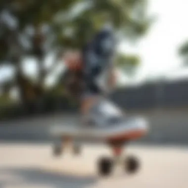 Skateboarding with Style in Floral Vans A skateboarder wearing black and white floral Vans performing a trick