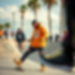 A vibrant skateboarding scene showcasing Black Ethika apparel