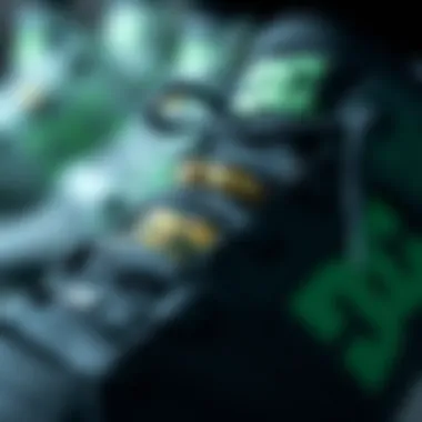 Close-up of the design elements of black and green DC shoes