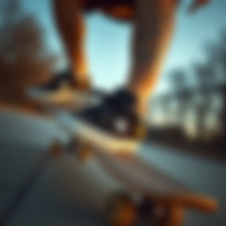 A skateboarder wearing black and green DC shoes in action