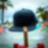 Black snapback hat showcased against a vibrant skate park backdrop