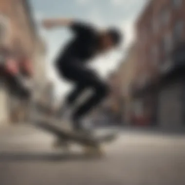 Skateboarder wearing black pants with straps in an urban setting