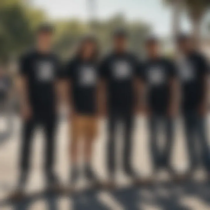 Group of skateboarders showcasing different styles in Black Santa Cruz Shirts.