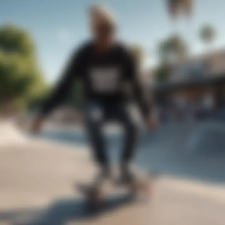 Skateboarder wearing the Black Santa Cruz Shirt performing a trick at a skate park.