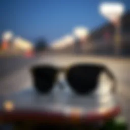 Close-up of stylish black shades resting on a skateboard