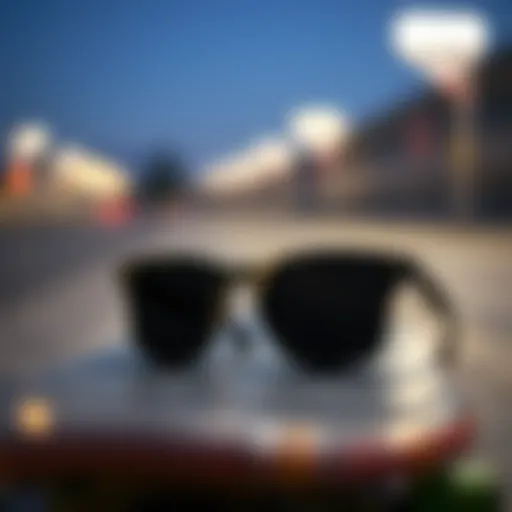 Stylish Black Shades on Skateboard Close-up of stylish black shades resting on a skateboard