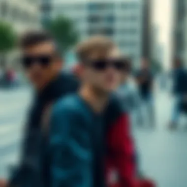 Group of skateboarders wearing black shades in an urban setting