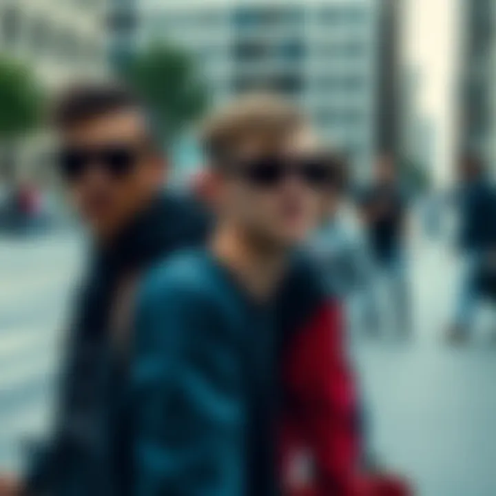 Group of skateboarders wearing black shades in an urban setting