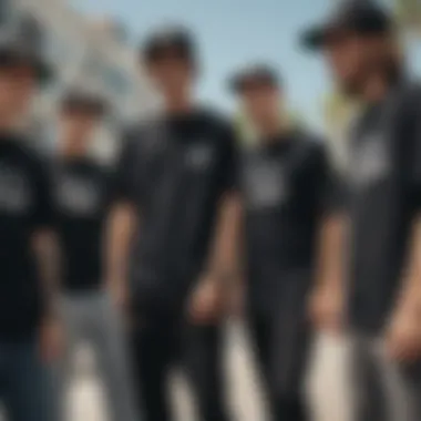 Group of skateboarders showcasing their black summer shirts