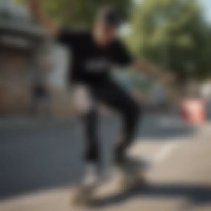 Skateboarder wearing a black summer shirt during a trick