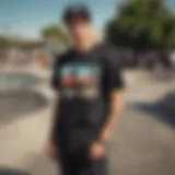 Vintage black summer shirt in a skate park setting