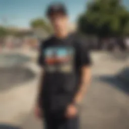 Vintage black summer shirt in a skate park setting