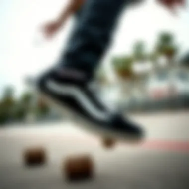 Black Vans in Action: Skateboarding A skateboarder performing tricks while wearing black Vans.