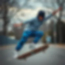 Dynamic skateboarding in blue camo pants