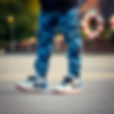 Stylish Pairing in Skate Culture Stylish pairing of blue camo pants with skate shoes