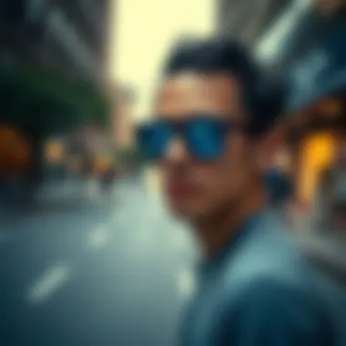 Skateboarder wearing blue reflective Ray-Bans in an urban setting