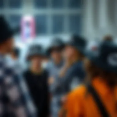 Community and Style in Skate Culture A group of friends sporting brand bucket hats, socializing in a vibrant skate scene.